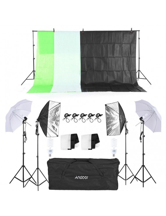 Andoer Photography Photo Lighting Kit Set with 45W 5500K Daylight Studio Bulbs Light Stands Black White Green Nonwoven Fabric Backdrop Soft Reflector Umbrellas Backdrop Stands UK Plug 220V