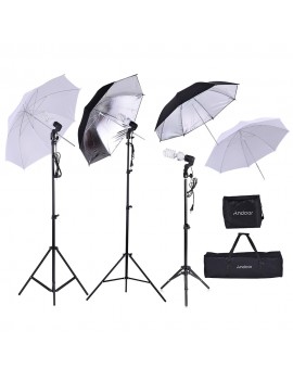 Andoer Photo Studio Kit 2 * 2m Light Stand + 3 * 45W Bulb + 2 * 83cm Translucent White Soft Umbrella +2 * 83cm Black&Silver Umbrella + 1 * 80cm Light Stand + 3 * Bulb Swivel Socket with 1 Bulb Storage Bag 1 Carrying Bag