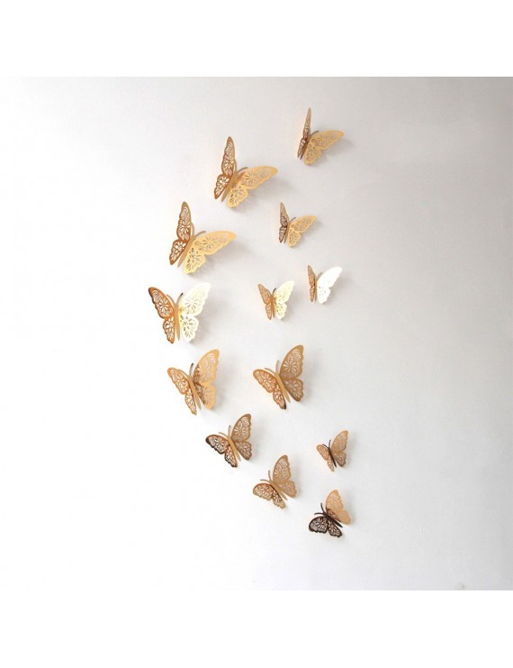 12pcs/set Vivid 3D Butterfly Wall Stickers Removable Mural Stickers DIY Art Wall Decals Decor with Glue for Bedroom Wedding Party--Gold