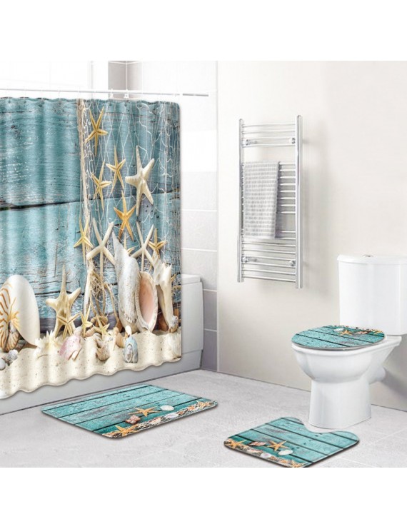 4pcs/set Summer Beach Conch Starfish Printed Pattern Bathroom Decoration Water-resistant Shower Curtain Pedestal Rug Lid Toilet Cover Mat Non-slip Bath Mat Set