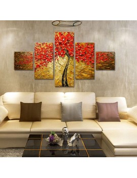 Golden Tree 5 Piece Abstract Floral Hand-Painted Oil Paintings