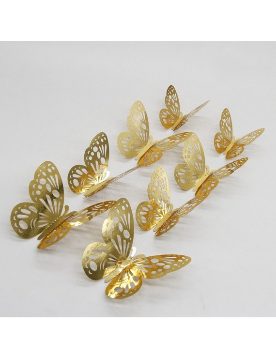 12pcs/set 3D Butterfly Wall Stickers Hollow Removable Mural Stickers DIY Art Wall Decals Decor with Glue for Bedroom Wedding Party--Gold