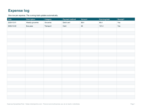 Preview of the first page of Expense log (XLSX)