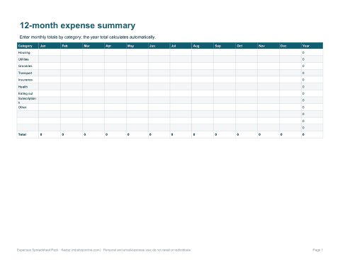 Preview of the first page of 12-month summary (XLSX)
