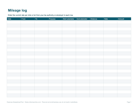 Preview of the first page of Mileage log (XLSX)